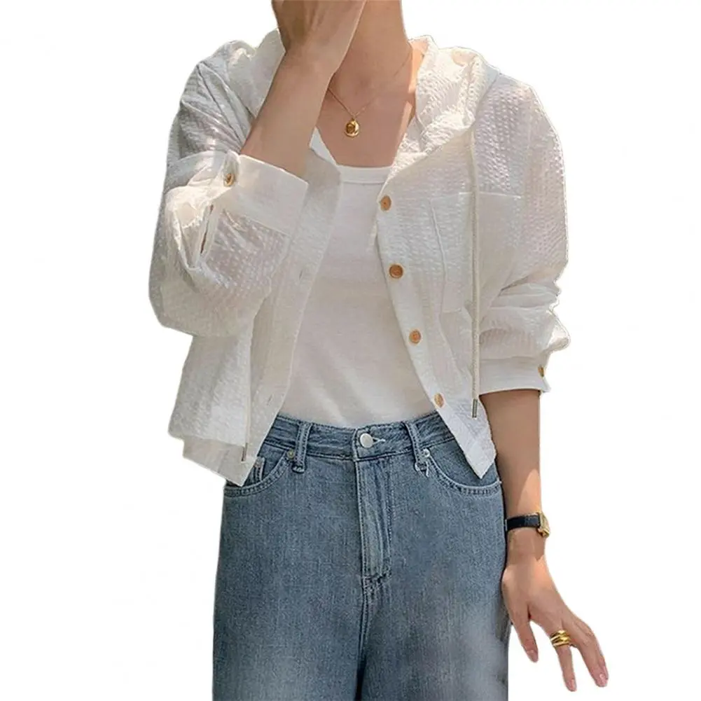 Ultra-thin Breathable Jacket for Women Striped Button Down Shirt with Drawstring Hood Long Sleeve Cardigan for Women for Ladies