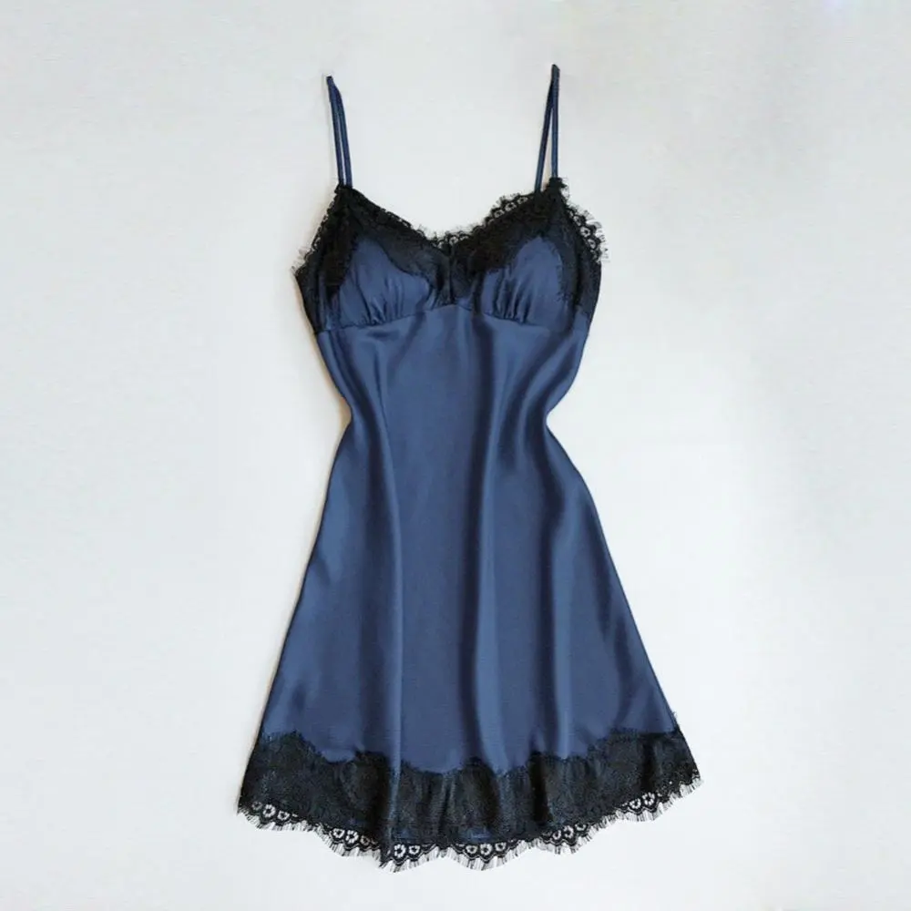 Women's Sexy Lingerie Summer Silk Night Gown Lace Patchwork Mini Night Dress Spaghetti Strap NO Chest Pad Sleepwear For Ladies