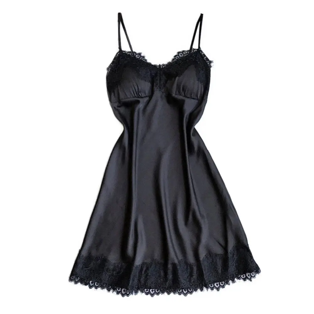 Women's Sexy Lingerie Summer Silk Night Gown Lace Patchwork Mini Night Dress Spaghetti Strap NO Chest Pad Sleepwear For Ladies