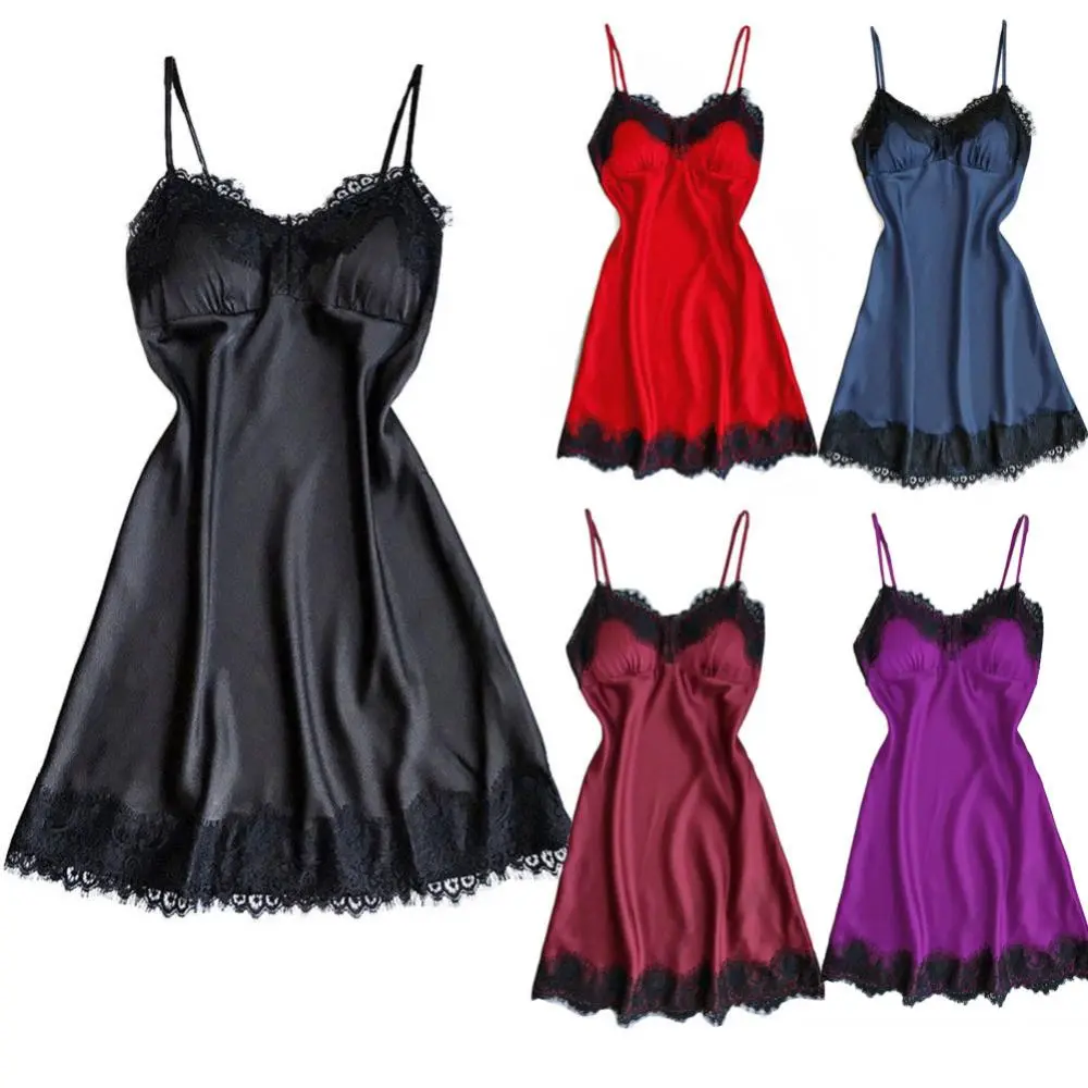 Women's Sexy Lingerie Summer Silk Night Gown Lace Patchwork Mini Night Dress Spaghetti Strap NO Chest Pad Sleepwear For Ladies
