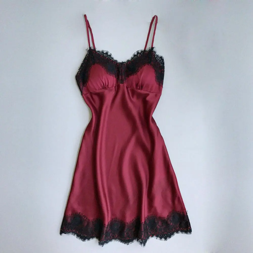 Women's Sexy Lingerie Summer Silk Night Gown Lace Patchwork Mini Night Dress Spaghetti Strap NO Chest Pad Sleepwear For Ladies