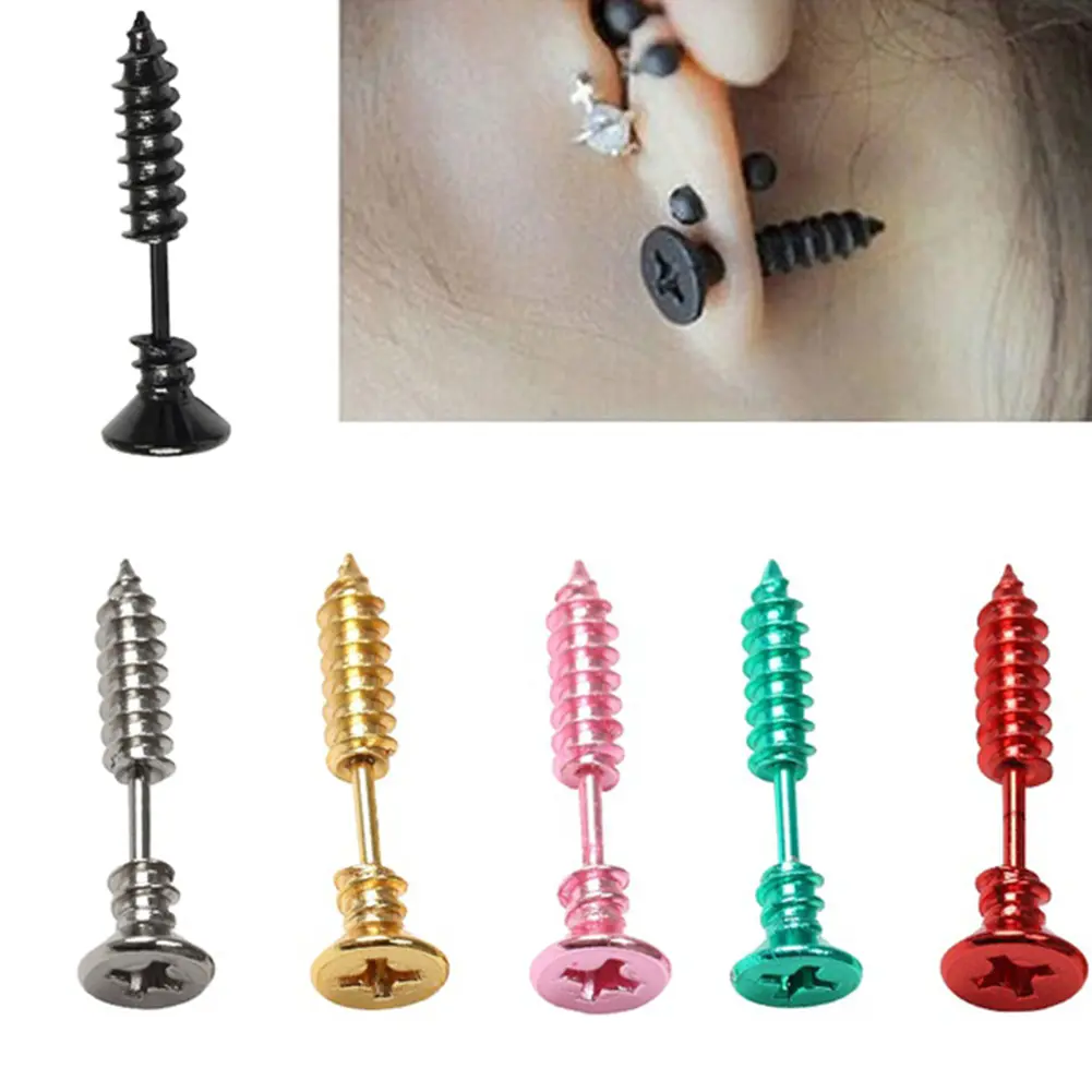 2Pcs Women Men Earrings Stainless Steel Piercing Nail Screw Stud Earrings Punk Rock Helix Ear Piercings Spiral Jewelry