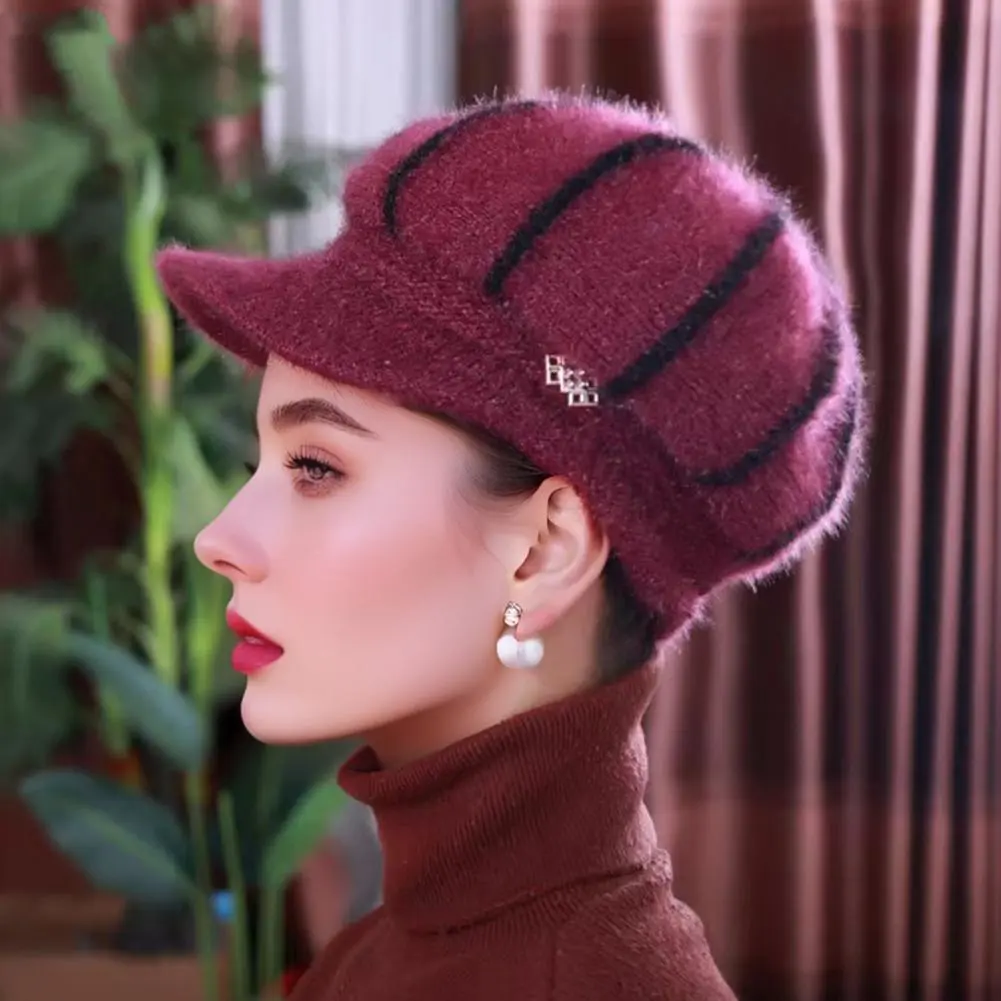 Women Velvet Knit Hat Cozy Velvet Cap with Visor for Elderly Women Soft Knit Winter Hat for Middle-aged Ladies Warm for Weather