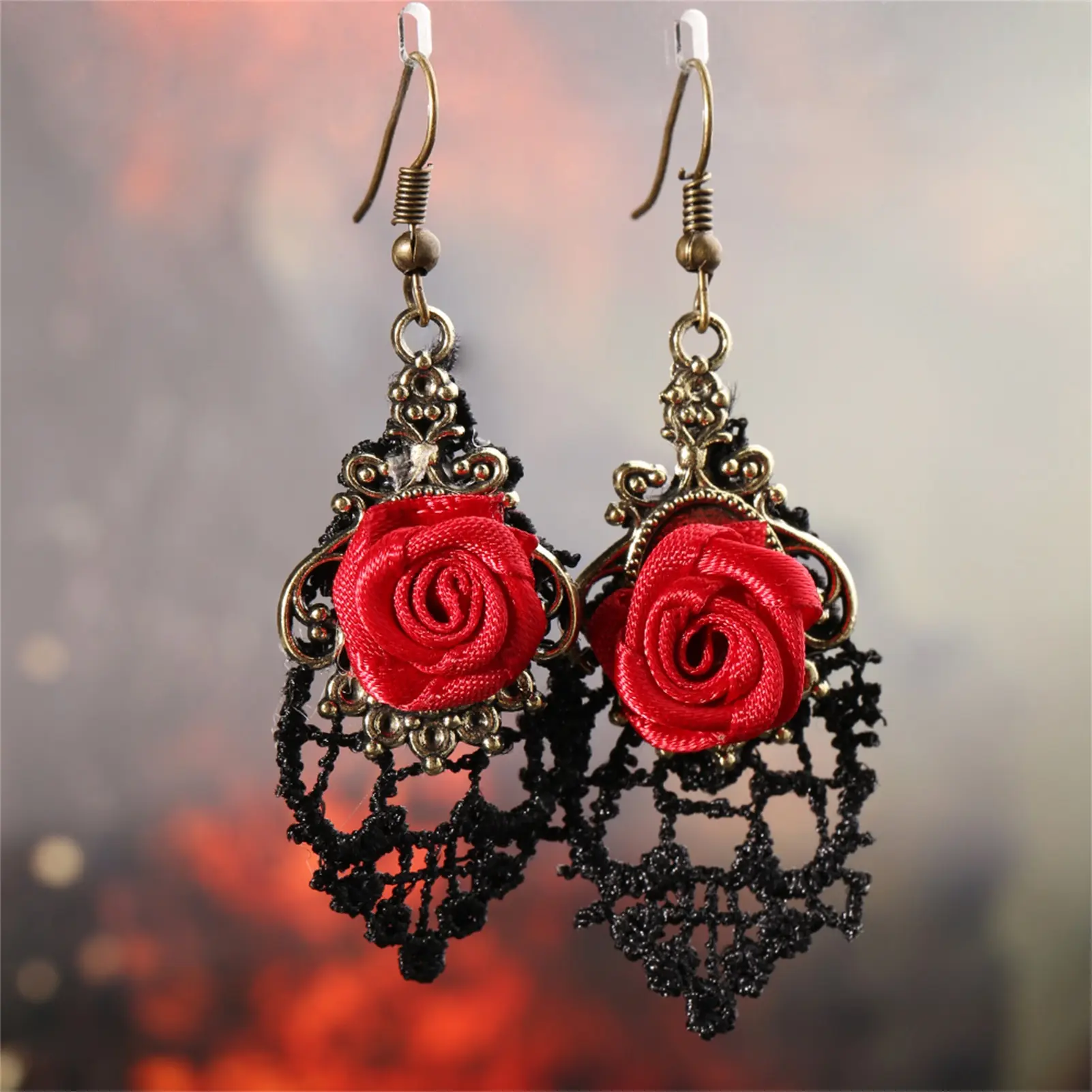 Fashion Jewelry Elegant New Arrival Red Color Rose Design Creative Flower Memorable Heart Pendant Earring For Girfriend