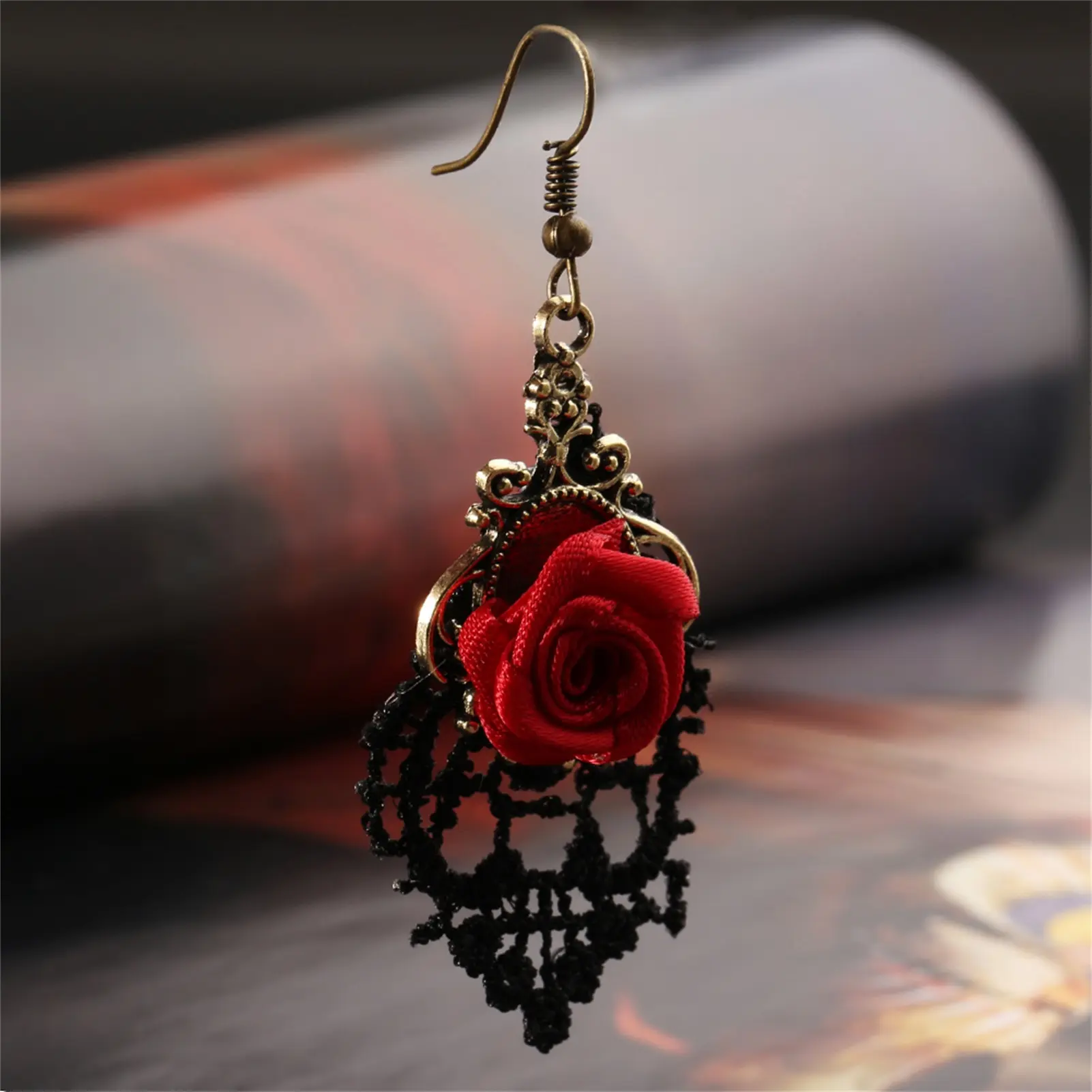 Fashion Jewelry Elegant New Arrival Red Color Rose Design Creative Flower Memorable Heart Pendant Earring For Girfriend