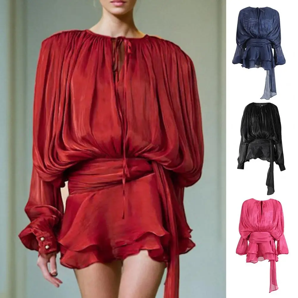 Loose Lace Up Ruched Skirts Sets Women V-neck Lantern Sleeve Blouses Ruffles High Waist A-line Skirt 2025 Summer Lady Outfits
