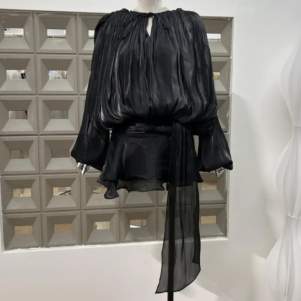 Loose Lace Up Ruched Skirts Sets Women V-neck Lantern Sleeve Blouses Ruffles High Waist A-line Skirt 2025 Summer Lady Outfits