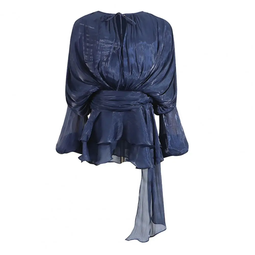 Loose Lace Up Ruched Skirts Sets Women V-neck Lantern Sleeve Blouses Ruffles High Waist A-line Skirt 2025 Summer Lady Outfits