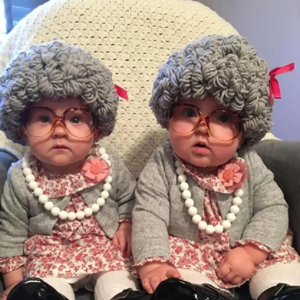 Boy Girl Cosplay Wig Hat Cap Glasses Set Womens Grey Bun Grandma Hair Costume Accessories Kids Headwear Photograph Props