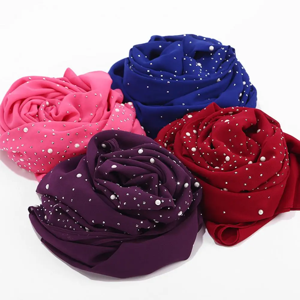 Turban Elegant Imitation Pearl Decor Lightweight Scarf Headwrap for Women Fashionable Solid Color Headscarf Accessory with Hot