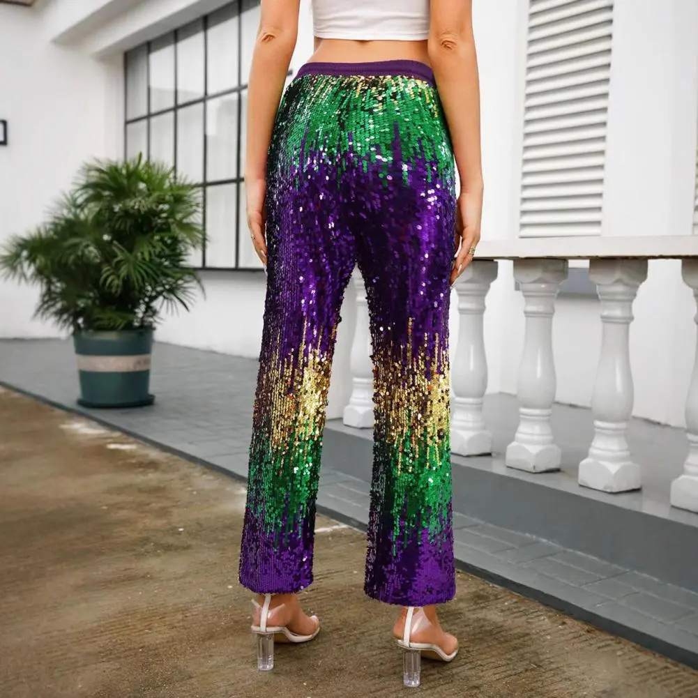 Drawstring Waist Trousers Shiny Sequins Wide Leg Pants for Women with Elastic Waist Adjustable Drawstring Stylish for Vacation