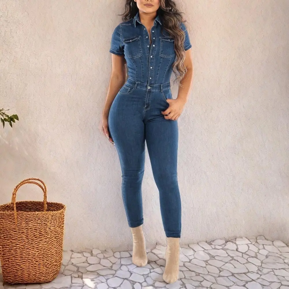 Bodycon Jumpsuit For Women Casual Short Sleeve Slim One-Piece Outfits Retro Denim Jumpsuits New 2025