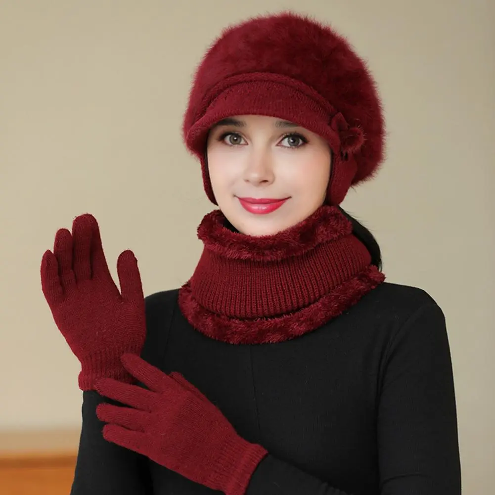 Winter Hat Scarf Gloves Set Winter Scarf Gloves Set for Mid-aged Women Thick Knitted Ear Protection Cap Windproof Mother Outdoor