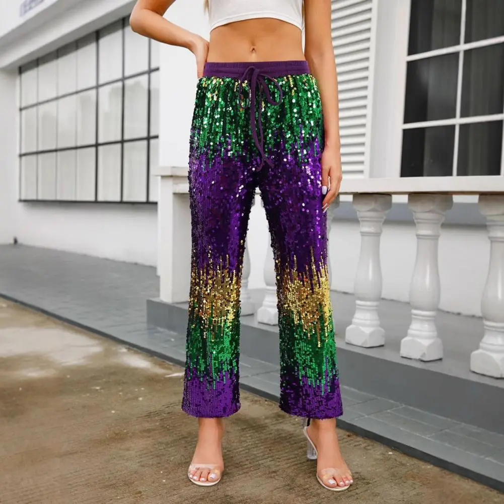 Drawstring Waist Trousers Shiny Sequins Wide Leg Pants for Women with Elastic Waist Adjustable Drawstring Stylish for Vacation