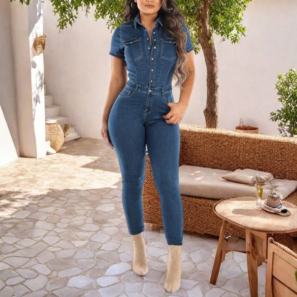 Bodycon Jumpsuit For Women Casual Short Sleeve Slim One-Piece Outfits Retro Denim Jumpsuits New 2025