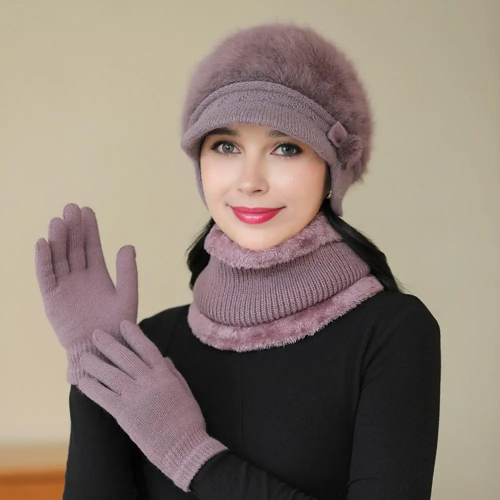Winter Hat Scarf Gloves Set Winter Scarf Gloves Set for Mid-aged Women Thick Knitted Ear Protection Cap Windproof Mother Outdoor