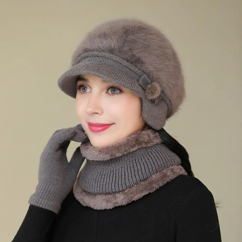 Winter Hat Scarf Gloves Set Winter Scarf Gloves Set for Mid-aged Women Thick Knitted Ear Protection Cap Windproof Mother Outdoor