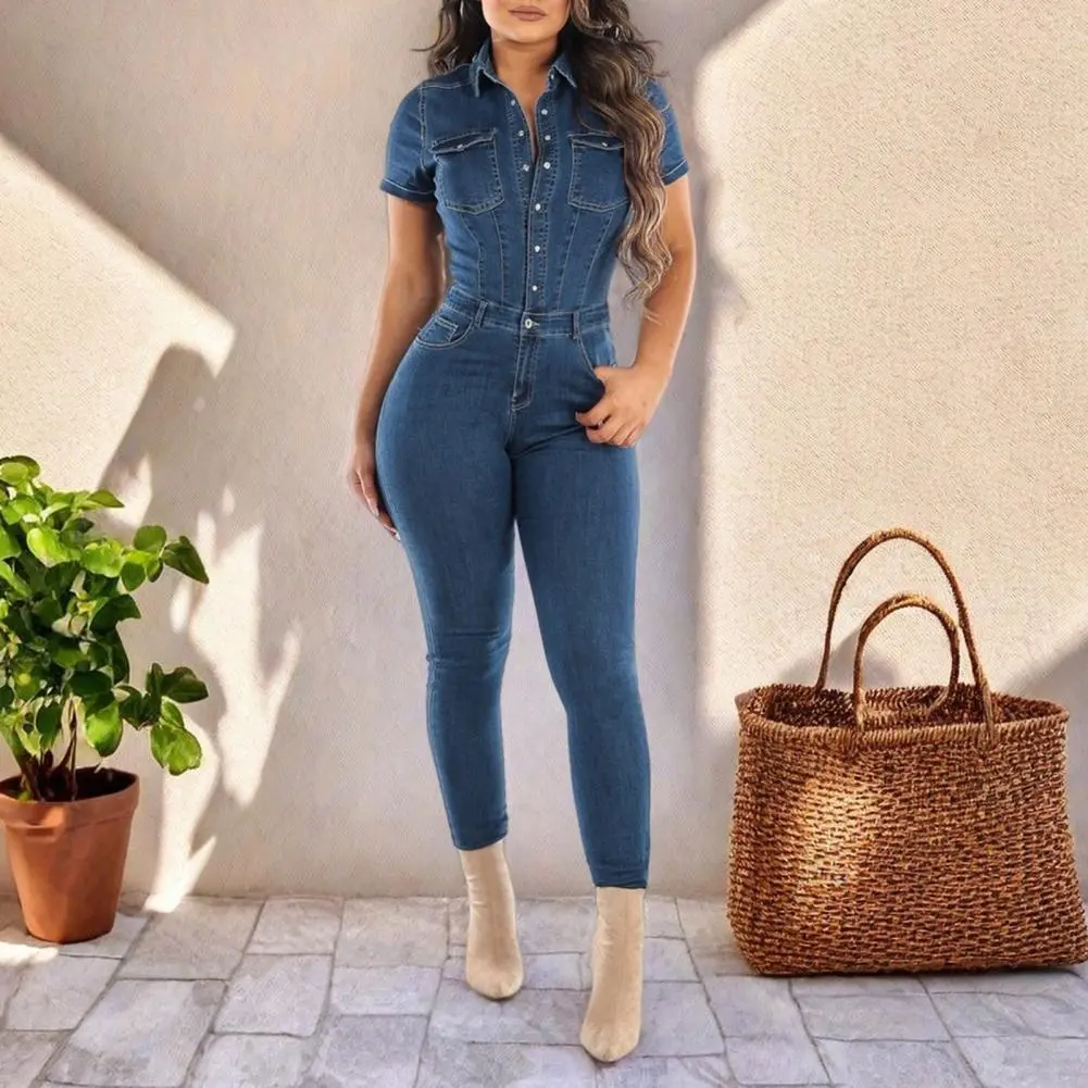 Bodycon Jumpsuit For Women Casual Short Sleeve Slim One-Piece Outfits Retro Denim Jumpsuits New 2025
