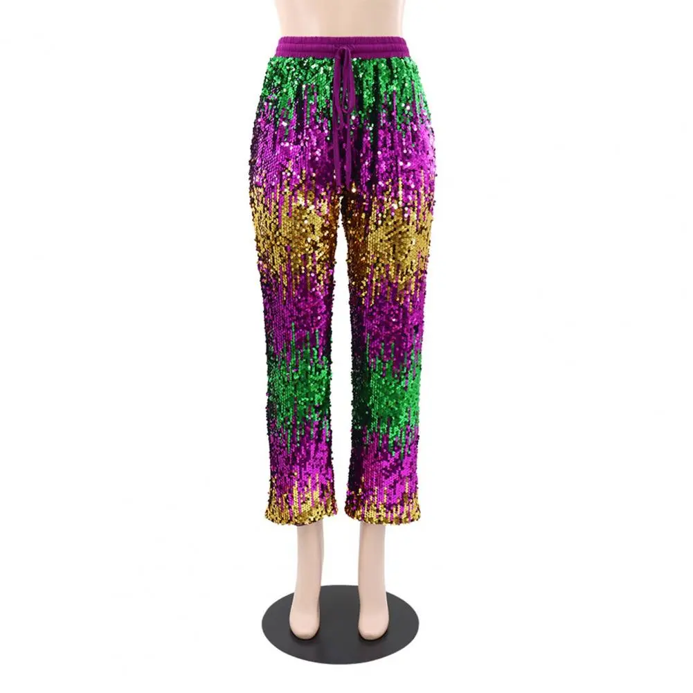 Drawstring Waist Trousers Shiny Sequins Wide Leg Pants for Women with Elastic Waist Adjustable Drawstring Stylish for Vacation