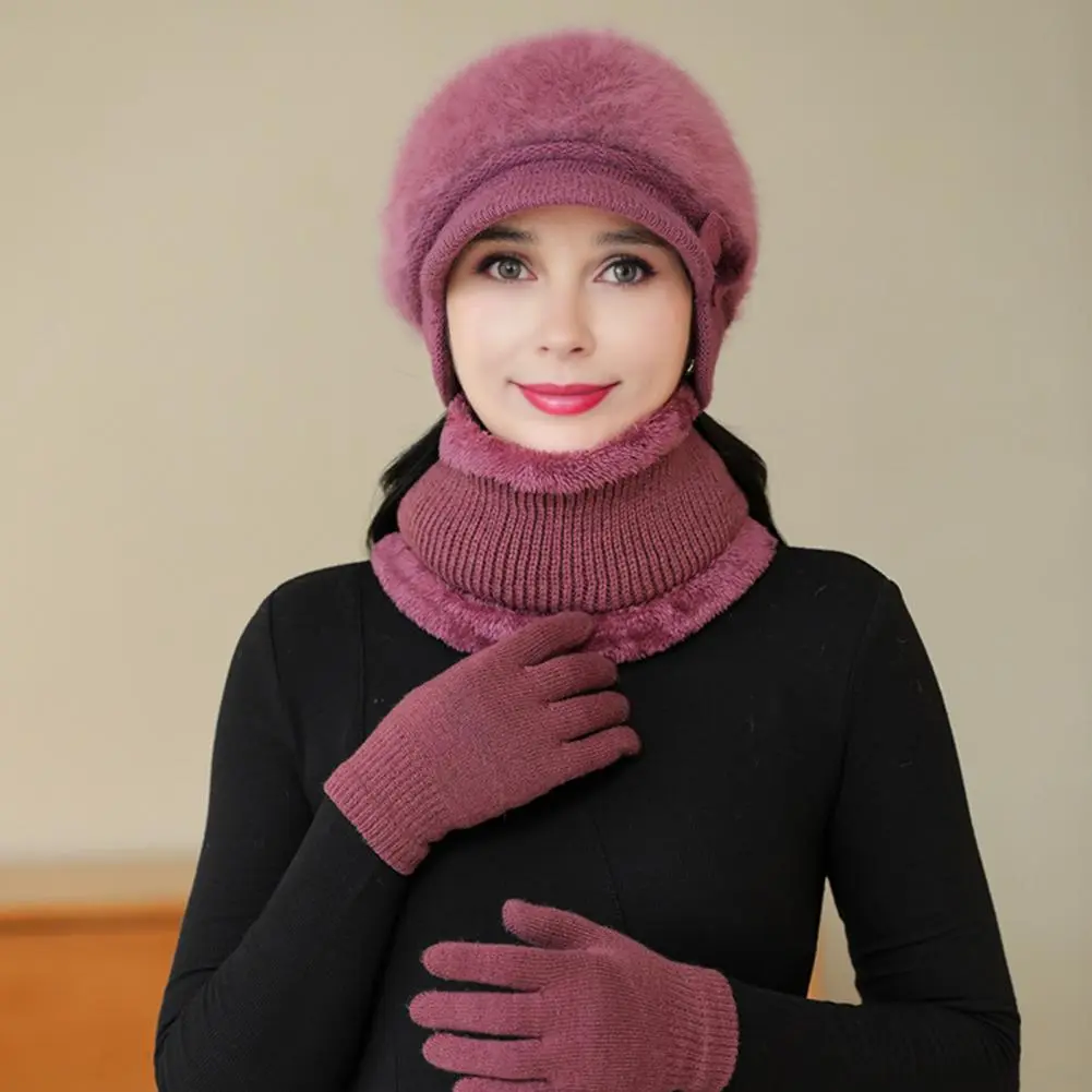 Winter Hat Scarf Gloves Set Winter Scarf Gloves Set for Mid-aged Women Thick Knitted Ear Protection Cap Windproof Mother Outdoor
