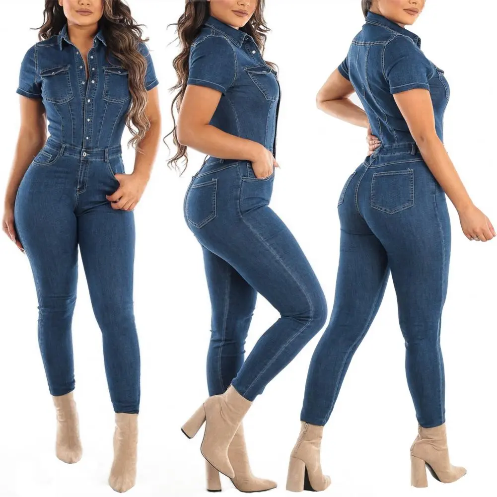 Bodycon Jumpsuit For Women Casual Short Sleeve Slim One-Piece Outfits Retro Denim Jumpsuits New 2025