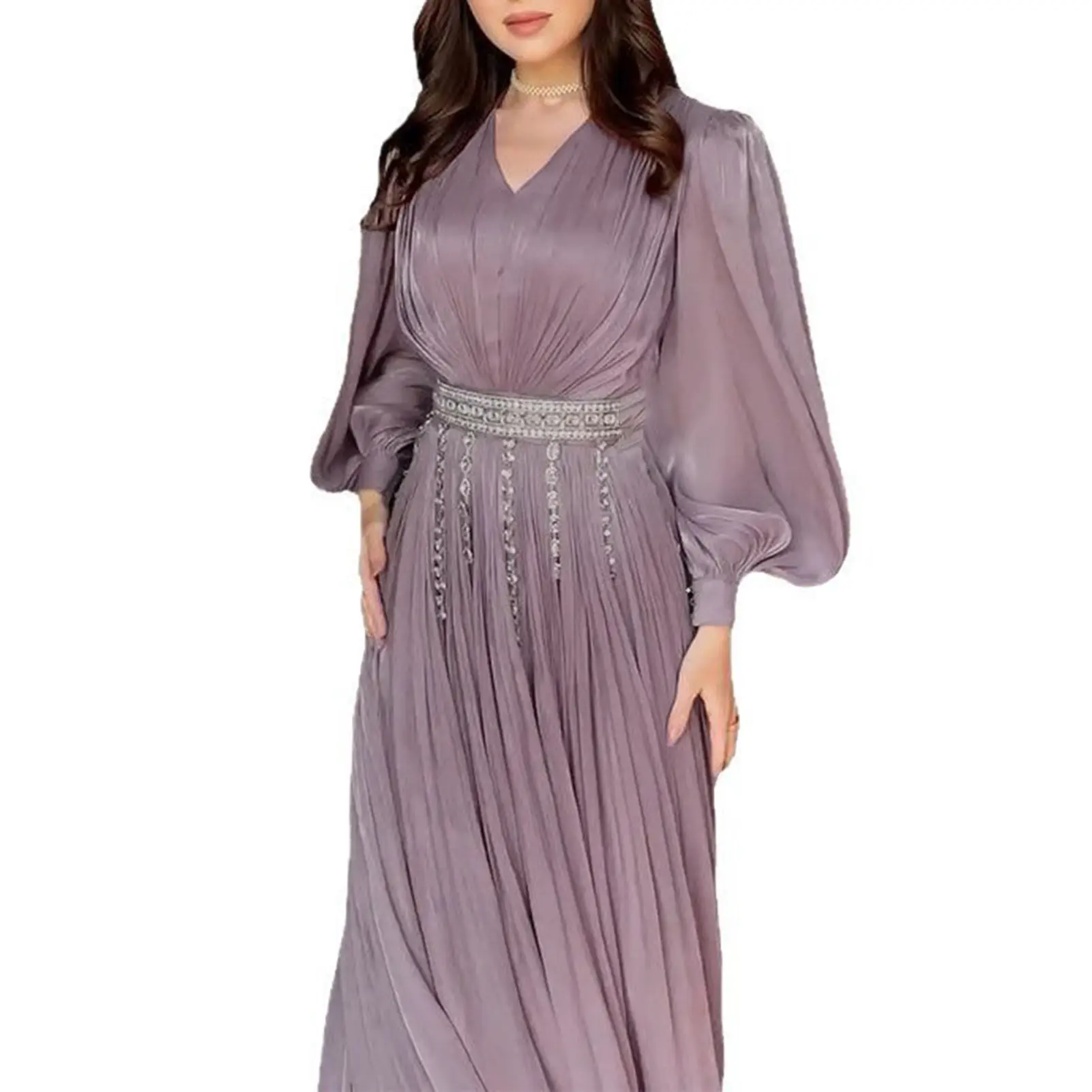 Women Fashion Clock Long Sleeve Chiffon Straight Long Maxi Robe Dress 2025 Street Vintage Dresses Vestidos