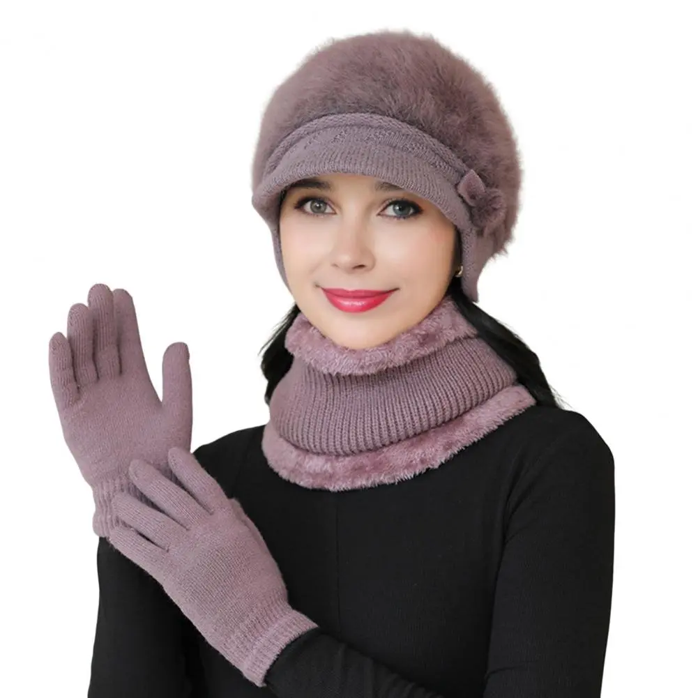 Winter Hat Scarf Gloves Set Winter Scarf Gloves Set for Mid-aged Women Thick Knitted Ear Protection Cap Windproof Mother Outdoor