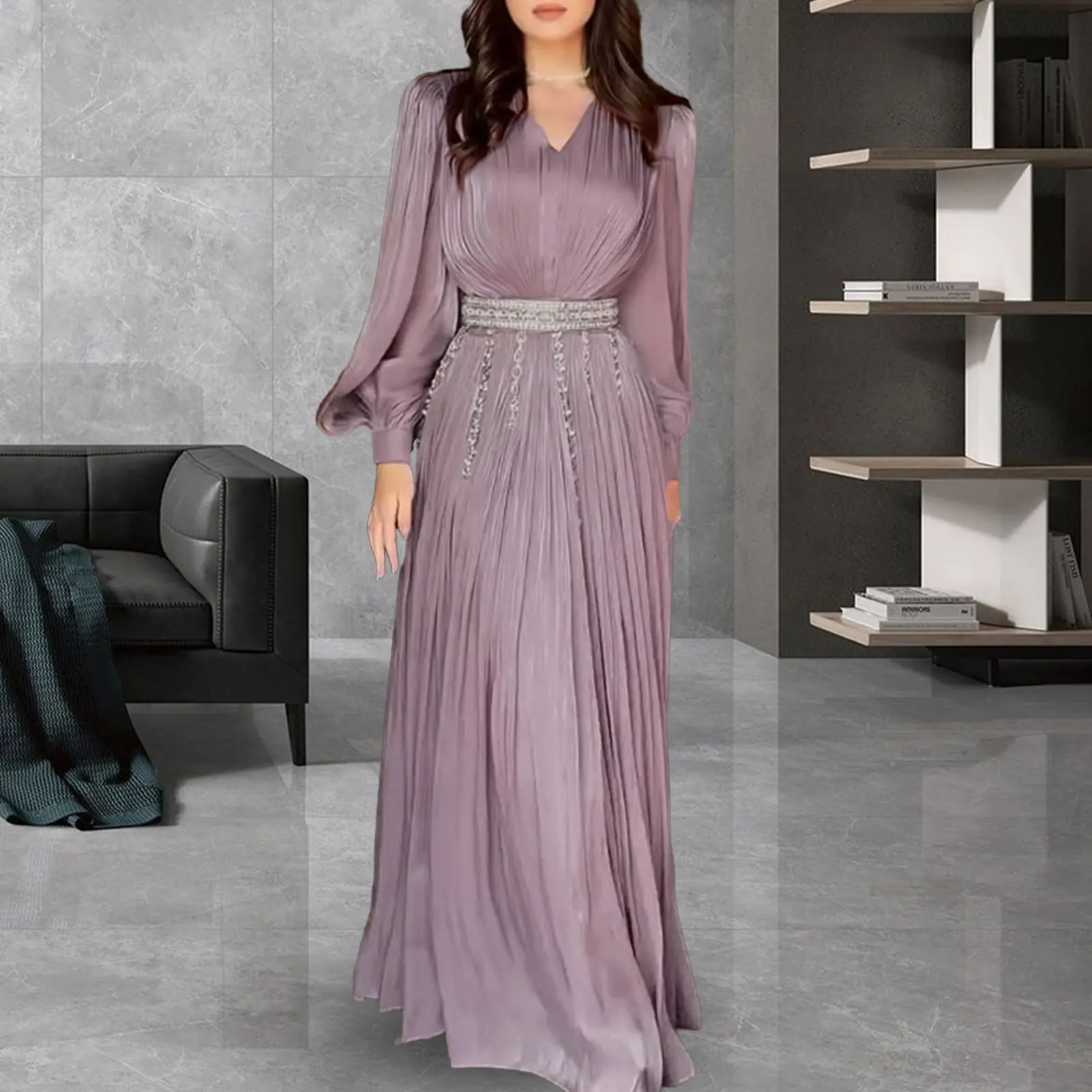 Women Fashion Clock Long Sleeve Chiffon Straight Long Maxi Robe Dress 2025 Street Vintage Dresses Vestidos