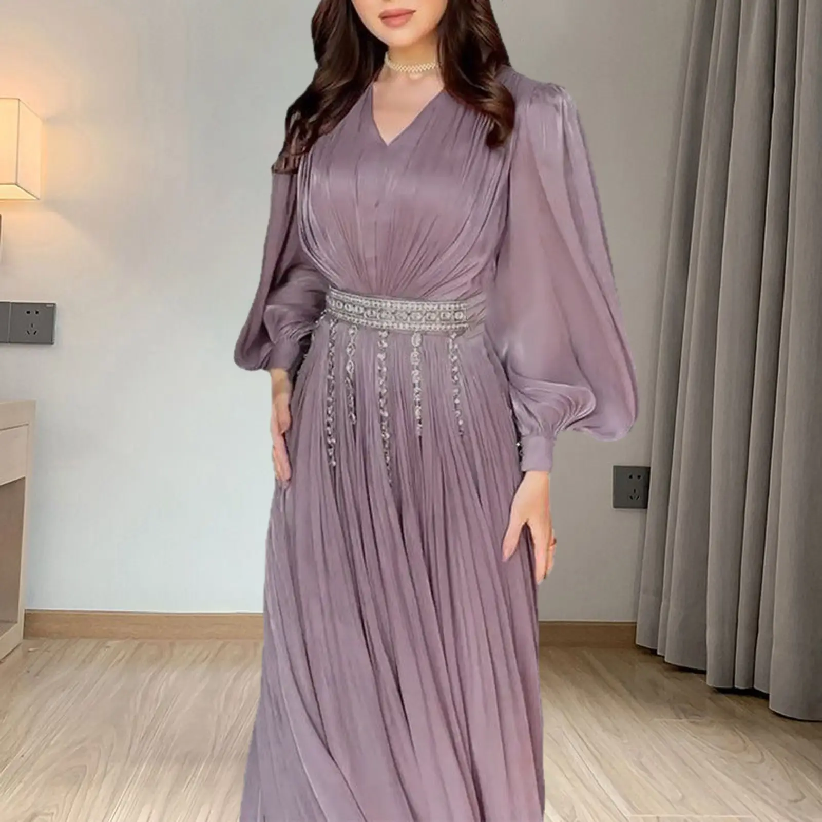 Women Fashion Clock Long Sleeve Chiffon Straight Long Maxi Robe Dress 2025 Street Vintage Dresses Vestidos