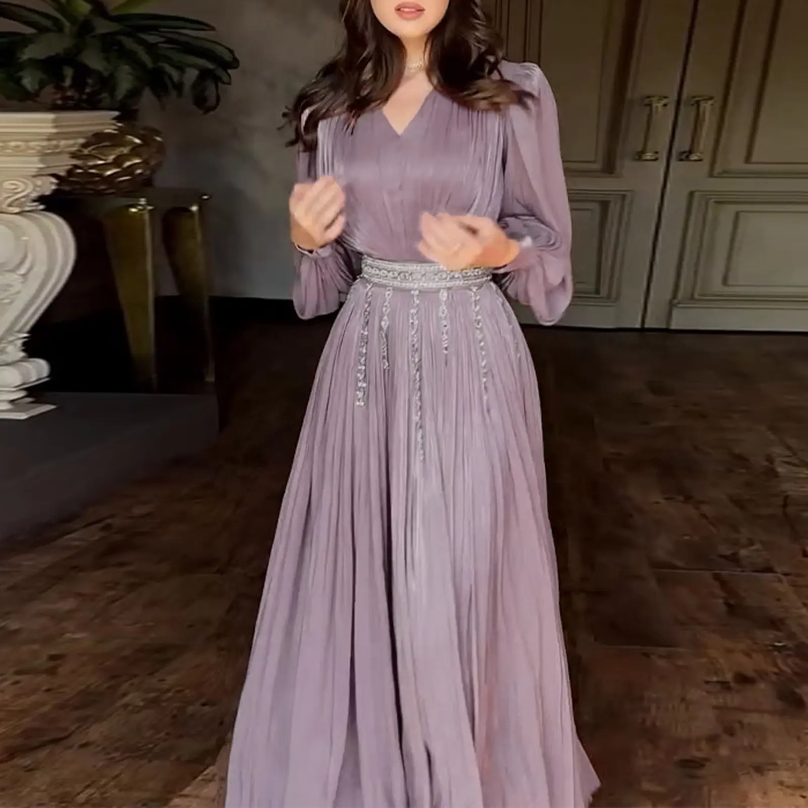 Women Fashion Clock Long Sleeve Chiffon Straight Long Maxi Robe Dress 2025 Street Vintage Dresses Vestidos