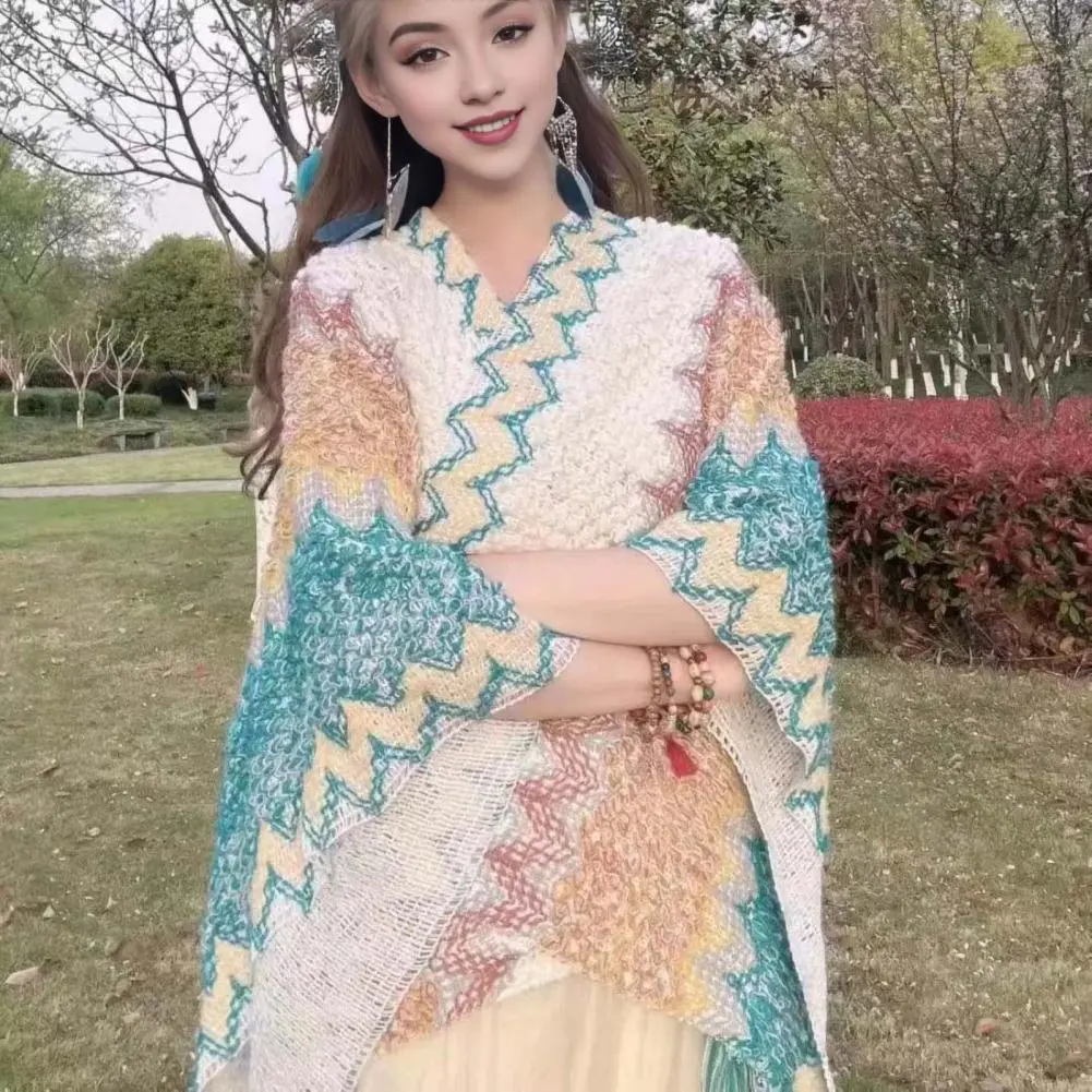 Comfortable Shawl Ethnic Style Knitting Shawl with Patchwork Design Colorful Cloak Accessory for Women Draping for Cocktail