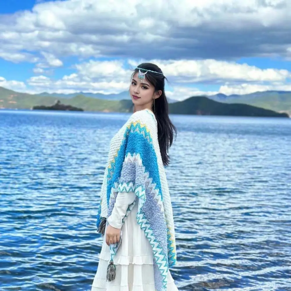 Comfortable Shawl Ethnic Style Knitting Shawl with Patchwork Design Colorful Cloak Accessory for Women Draping for Cocktail
