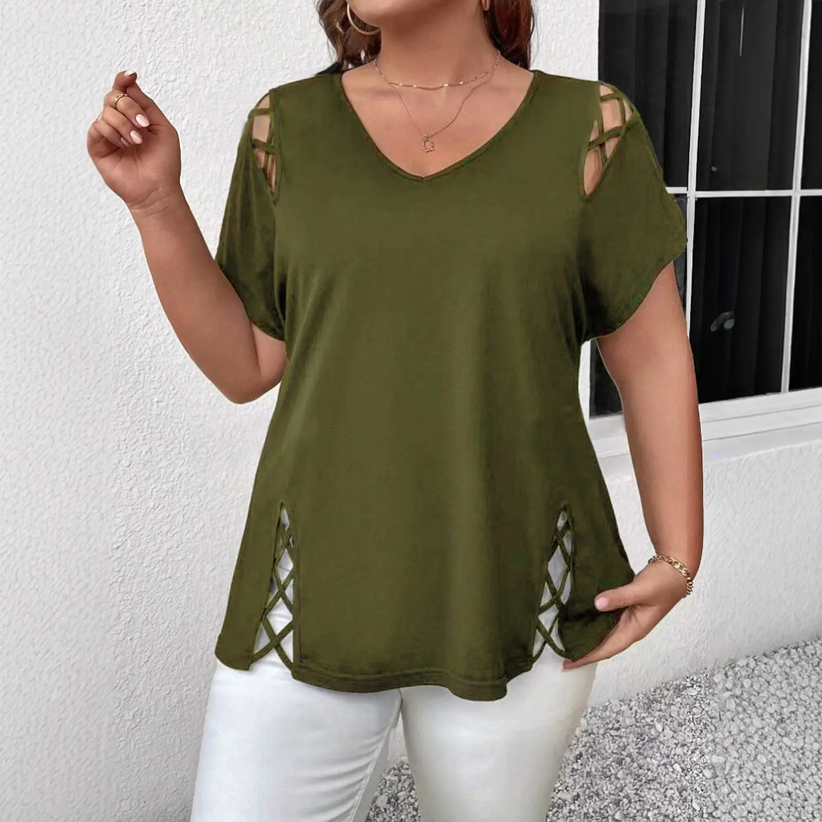 Plus Size Women's Solid Short Sleeve Hollow Out Basic Tunic Tops Summer Ladies Casual T Shirt Tee Blouse Pullover Size XL-4XL
