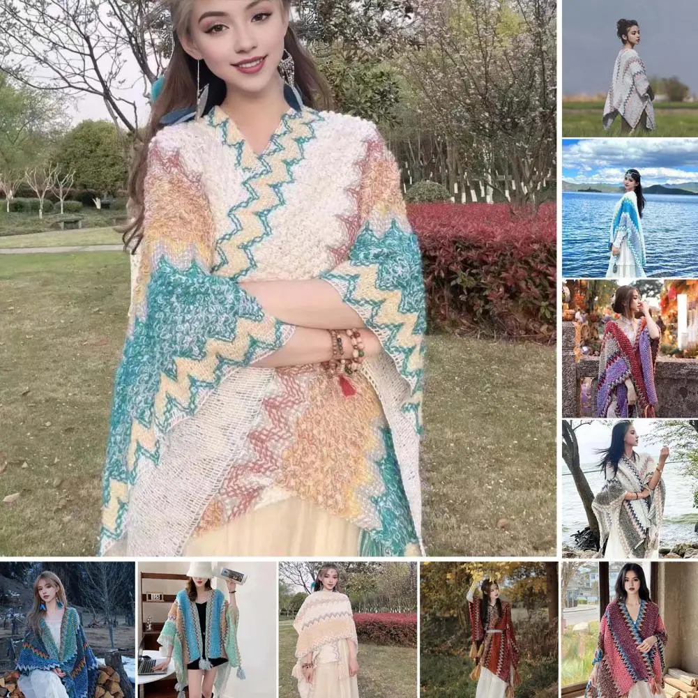 Comfortable Shawl Ethnic Style Knitting Shawl with Patchwork Design Colorful Cloak Accessory for Women Draping for Cocktail