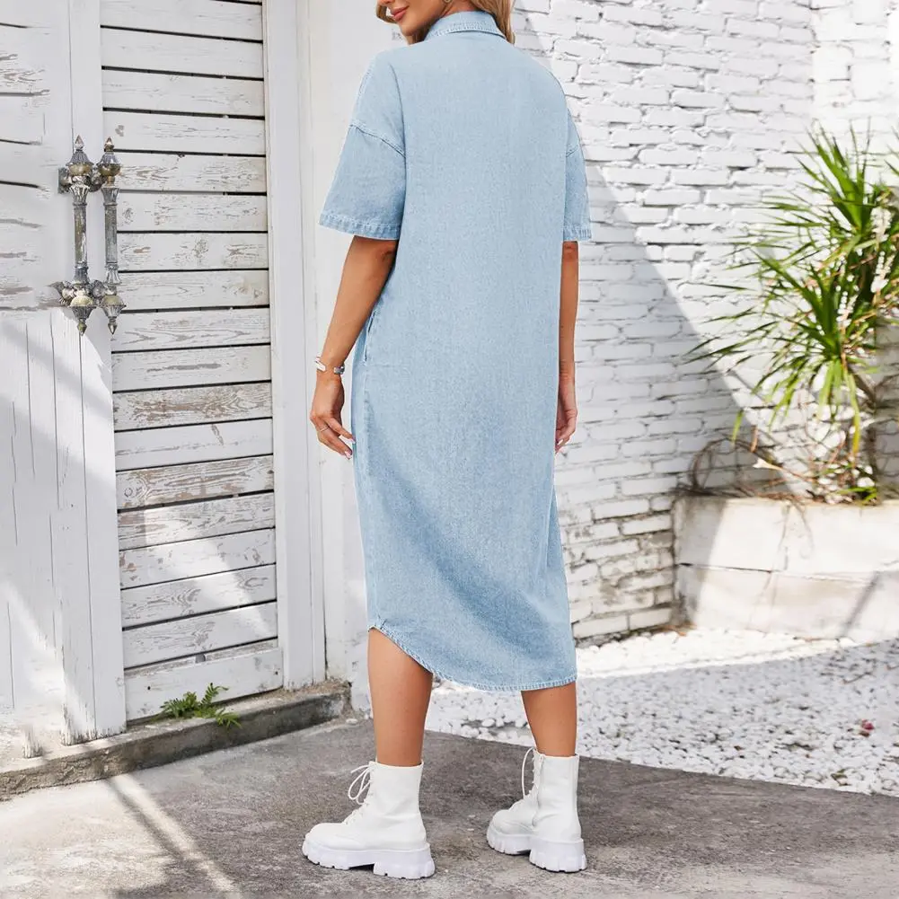 Breathable Denim Dress Women's Short Sleeve Denim Shirt Dress with Pockets Button Down Lapel Midi Shift Dress for Summer Casual