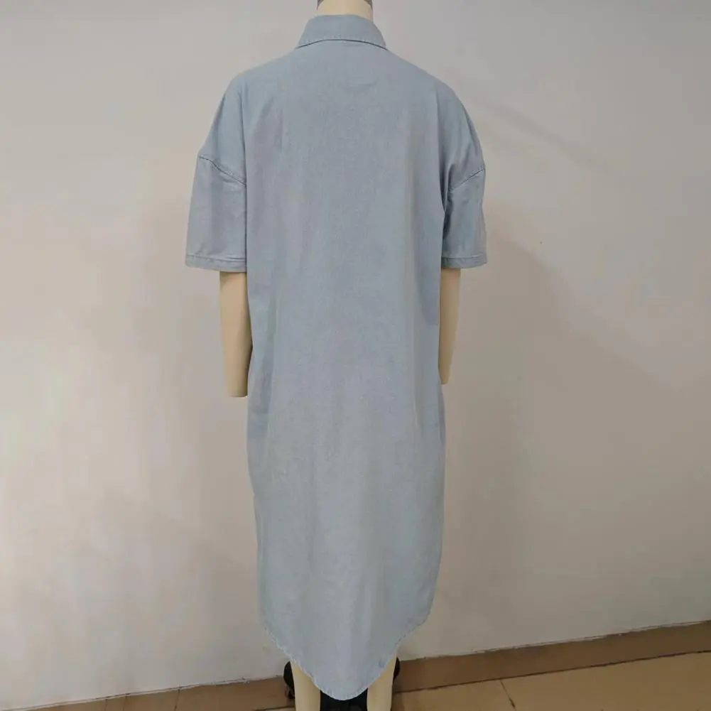 Breathable Denim Dress Women's Short Sleeve Denim Shirt Dress with Pockets Button Down Lapel Midi Shift Dress for Summer Casual