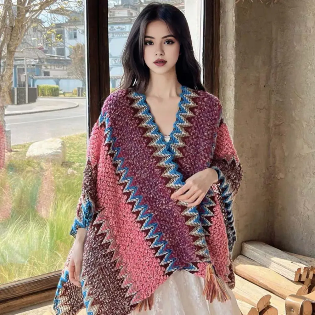 Comfortable Shawl Ethnic Style Knitting Shawl with Patchwork Design Colorful Cloak Accessory for Women Draping for Cocktail