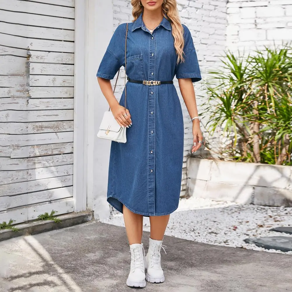 Breathable Denim Dress Women's Short Sleeve Denim Shirt Dress with Pockets Button Down Lapel Midi Shift Dress for Summer Casual