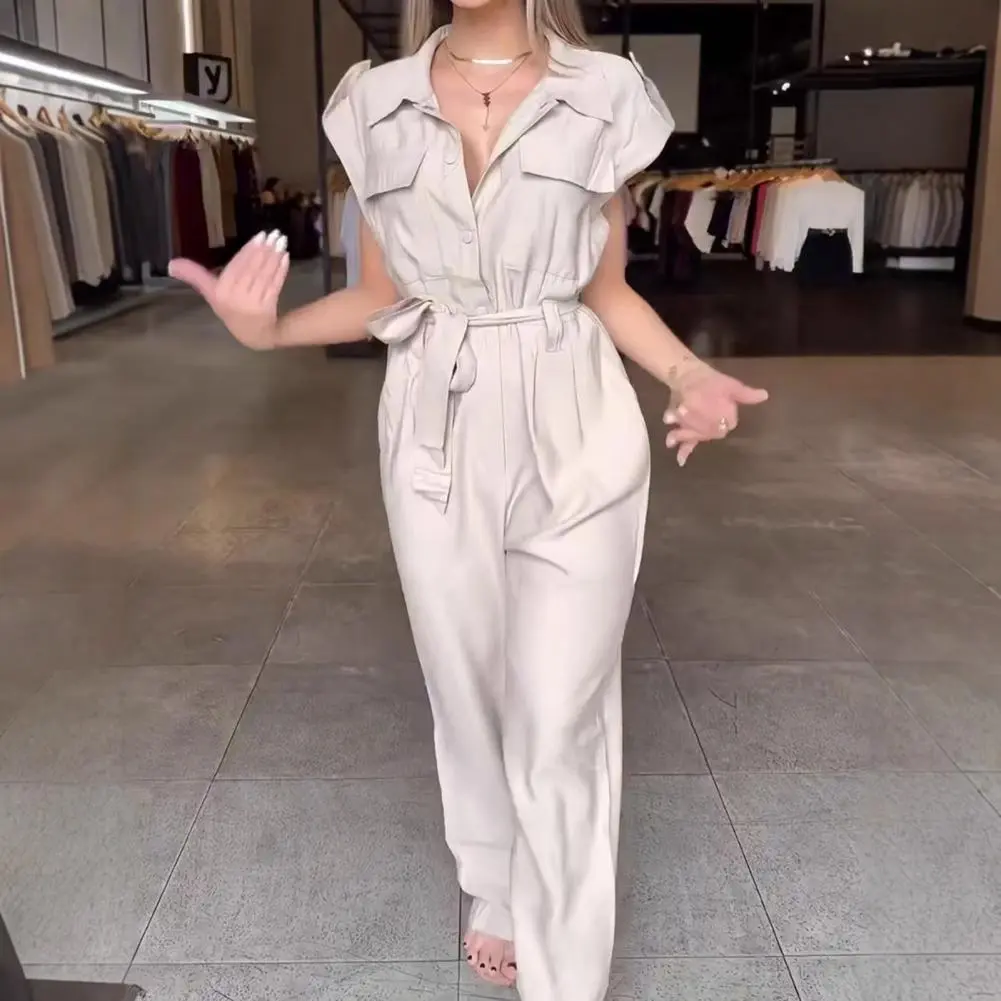 Elegant Women Jumpsuit Lapel Sleeveless Belt Design Romper with Pockets Solid Color Wide Leg Pants Versatile Jumpsuit