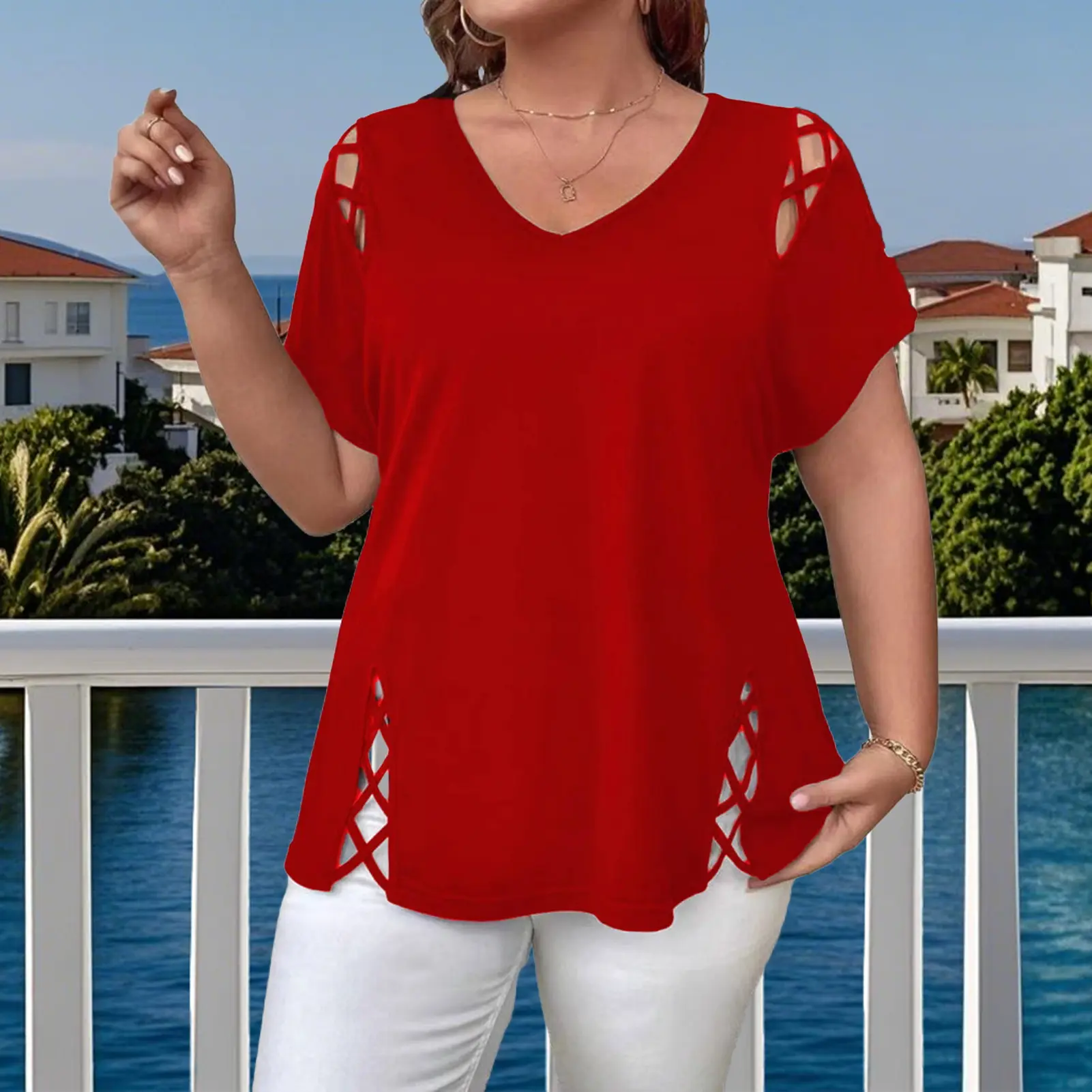 Plus Size Women's Solid Short Sleeve Hollow Out Basic Tunic Tops Summer Ladies Casual T Shirt Tee Blouse Pullover Size XL-4XL