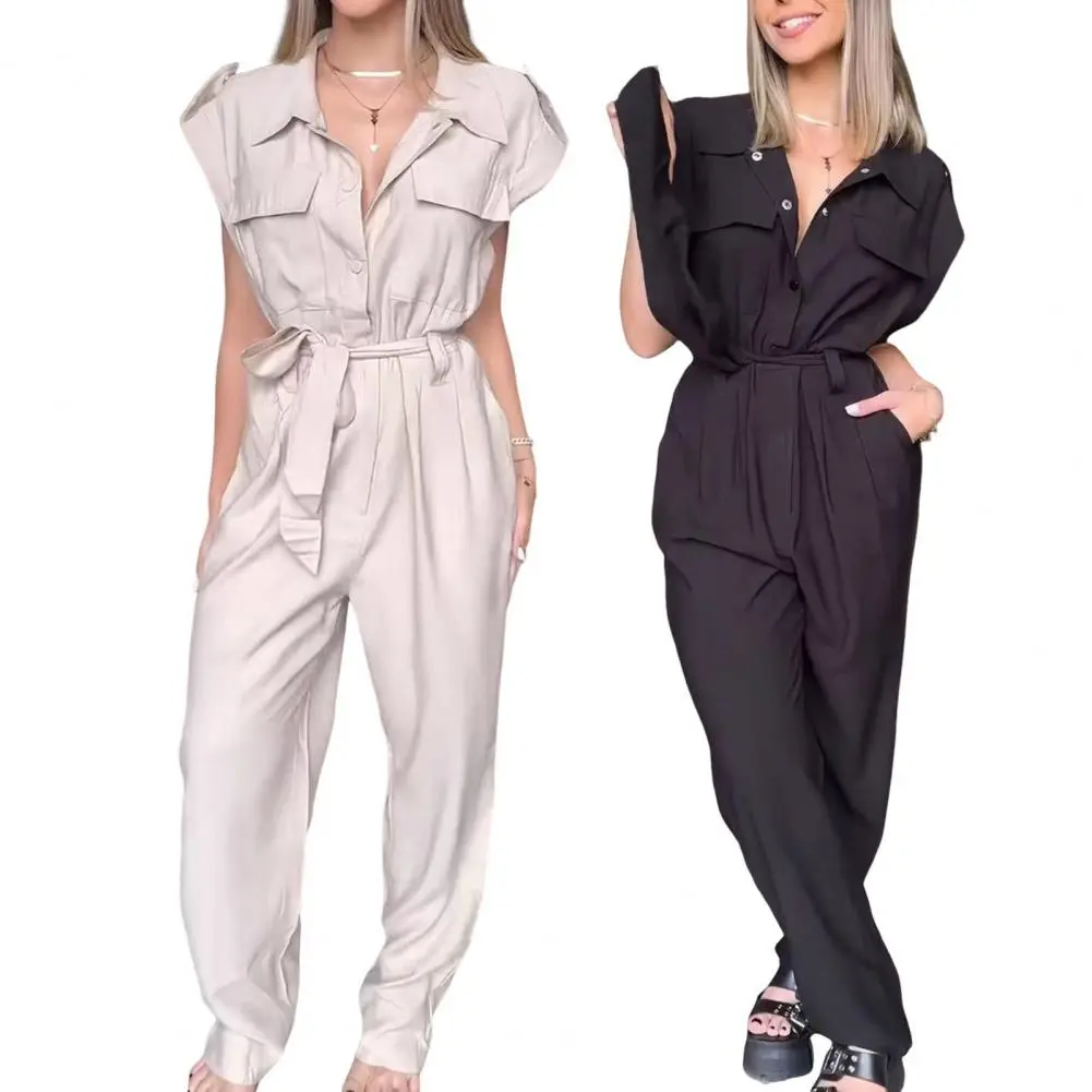 Elegant Women Jumpsuit Lapel Sleeveless Belt Design Romper with Pockets Solid Color Wide Leg Pants Versatile Jumpsuit