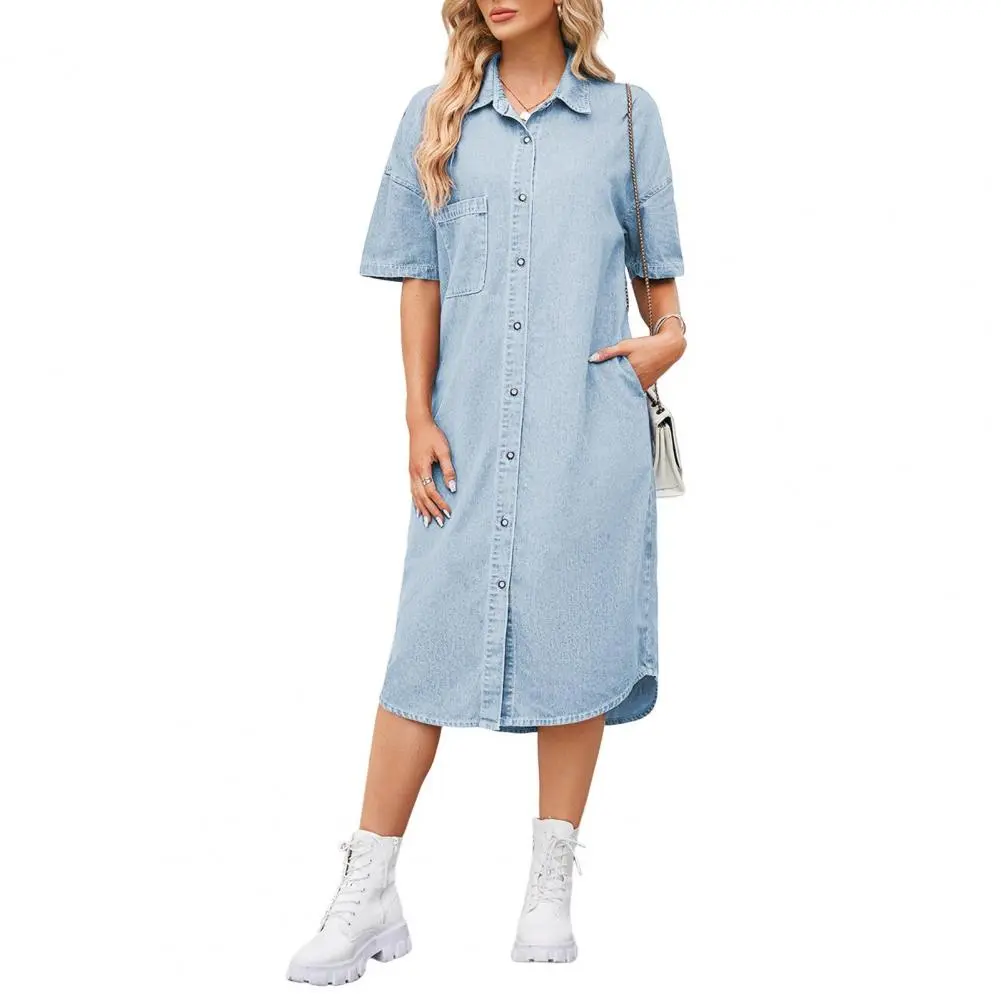 Breathable Denim Dress Women's Short Sleeve Denim Shirt Dress with Pockets Button Down Lapel Midi Shift Dress for Summer Casual