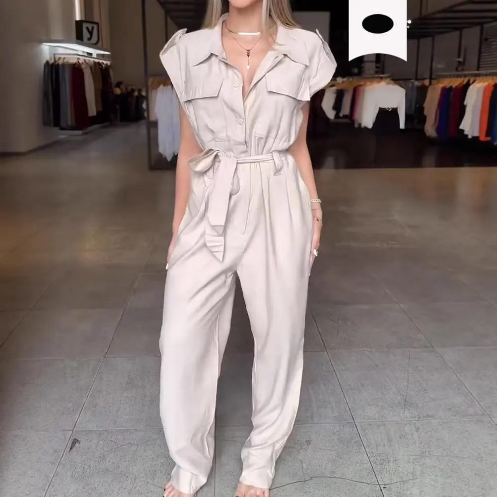 Elegant Women Jumpsuit Lapel Sleeveless Belt Design Romper with Pockets Solid Color Wide Leg Pants Versatile Jumpsuit
