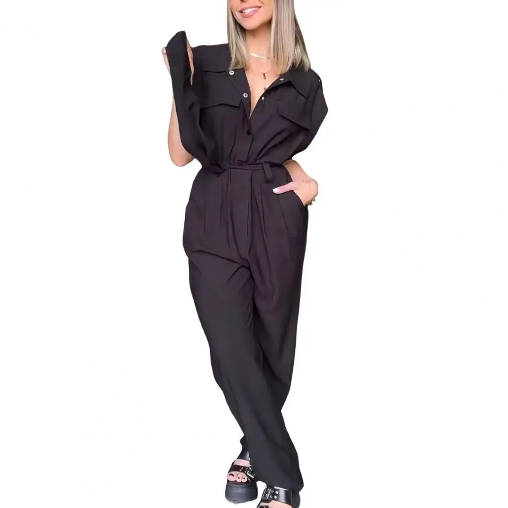 Elegant Women Jumpsuit Lapel Sleeveless Belt Design Romper with Pockets Solid Color Wide Leg Pants Versatile Jumpsuit