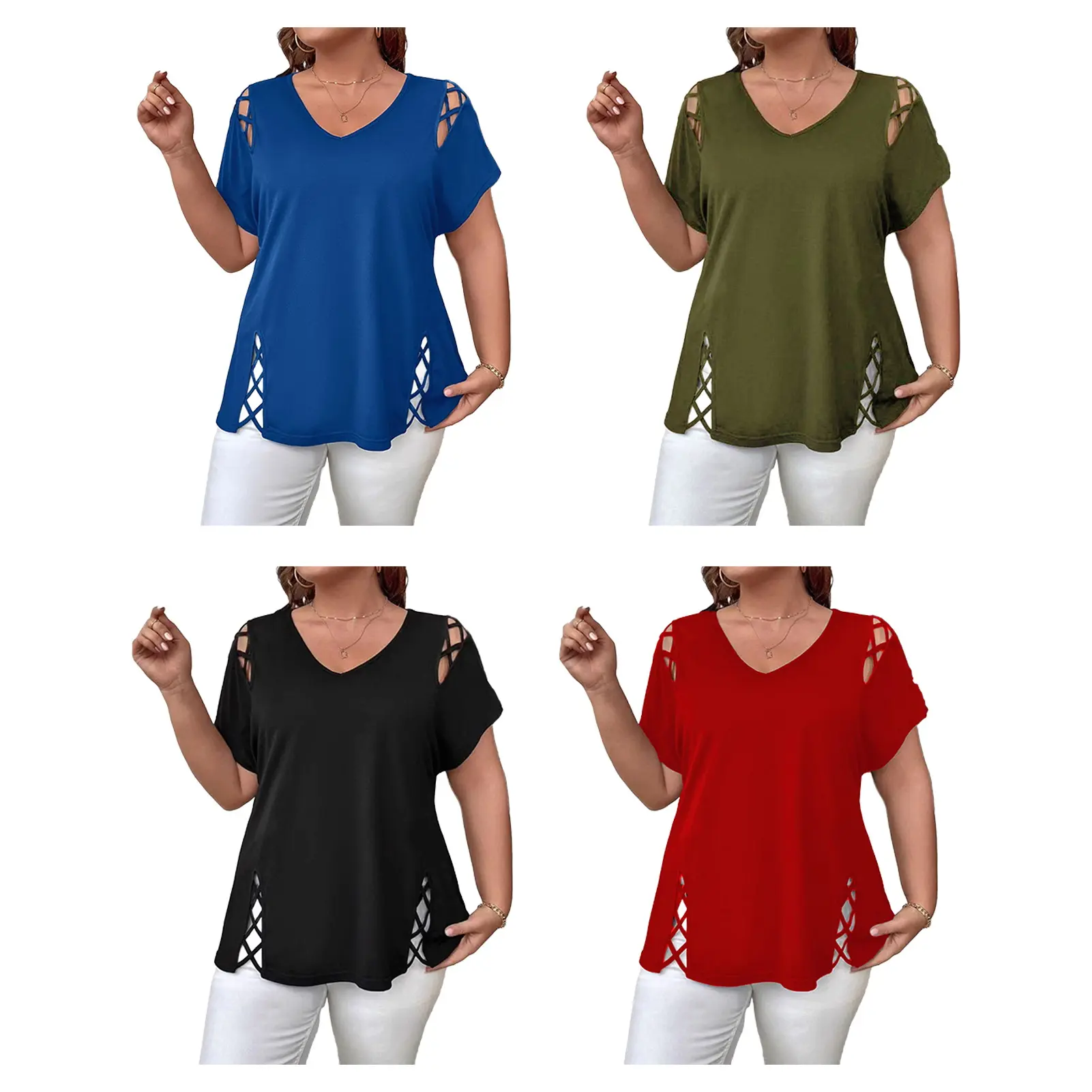 Plus Size Women's Solid Short Sleeve Hollow Out Basic Tunic Tops Summer Ladies Casual T Shirt Tee Blouse Pullover Size XL-4XL