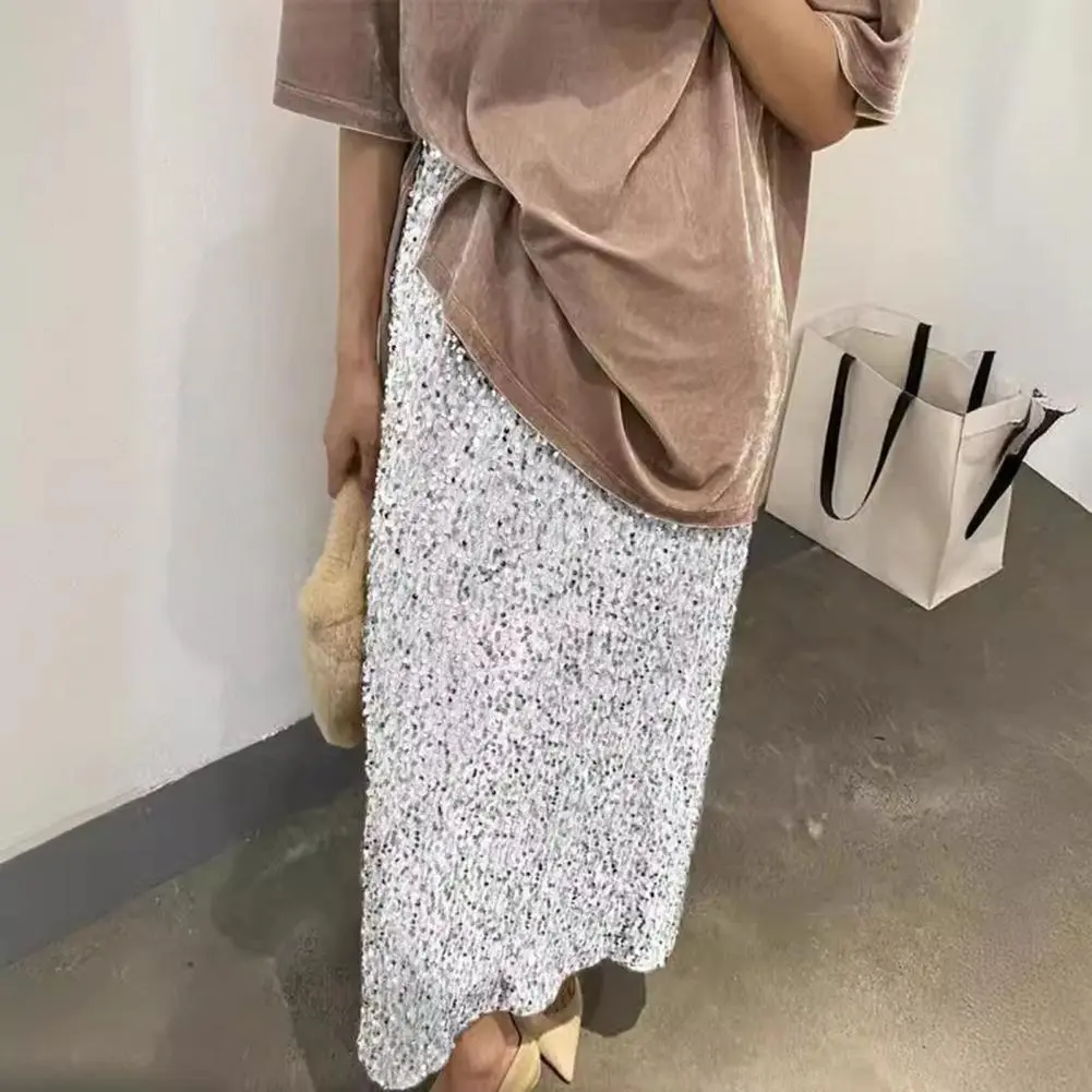 Women Long Skirt with Zipper Elegant Sequin Embellished Maxi Skirt for Women High Waist Solid Color Design Long Length