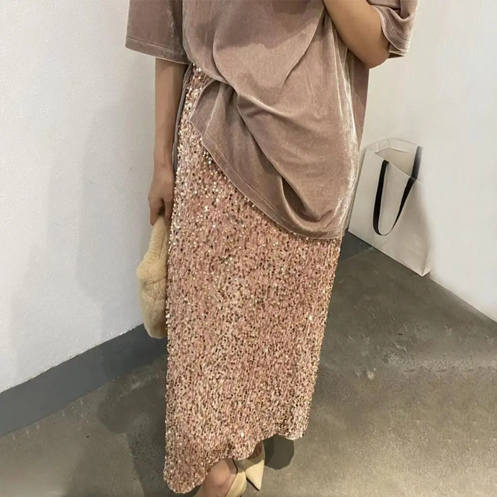Women Long Skirt with Zipper Elegant Sequin Embellished Maxi Skirt for Women High Waist Solid Color Design Long Length