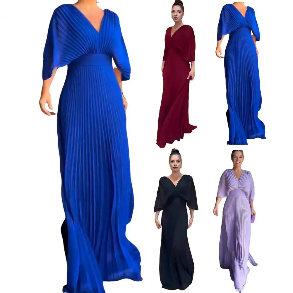 Blue V-Neck Waist-Fitted Long Dress For Women Fashionable And Elegant European And American Style