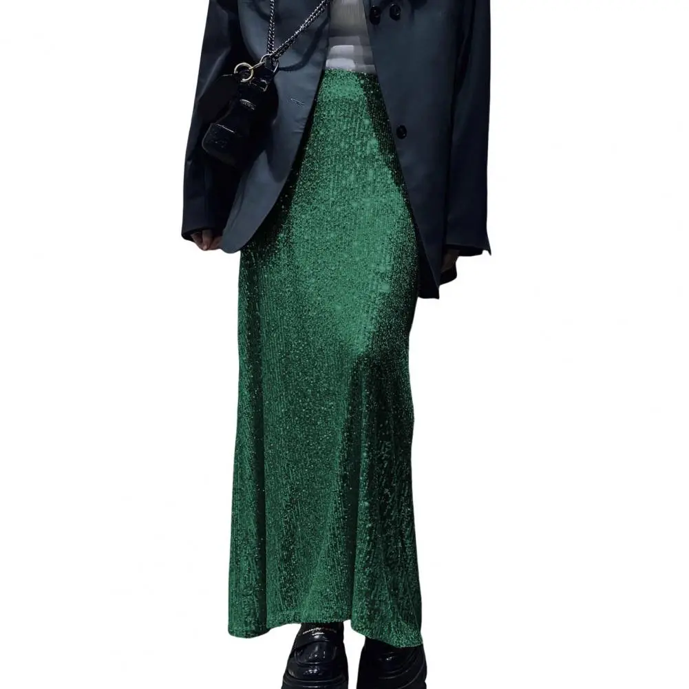 Women Long Skirt with Zipper Elegant Sequin Embellished Maxi Skirt for Women High Waist Solid Color Design Long Length