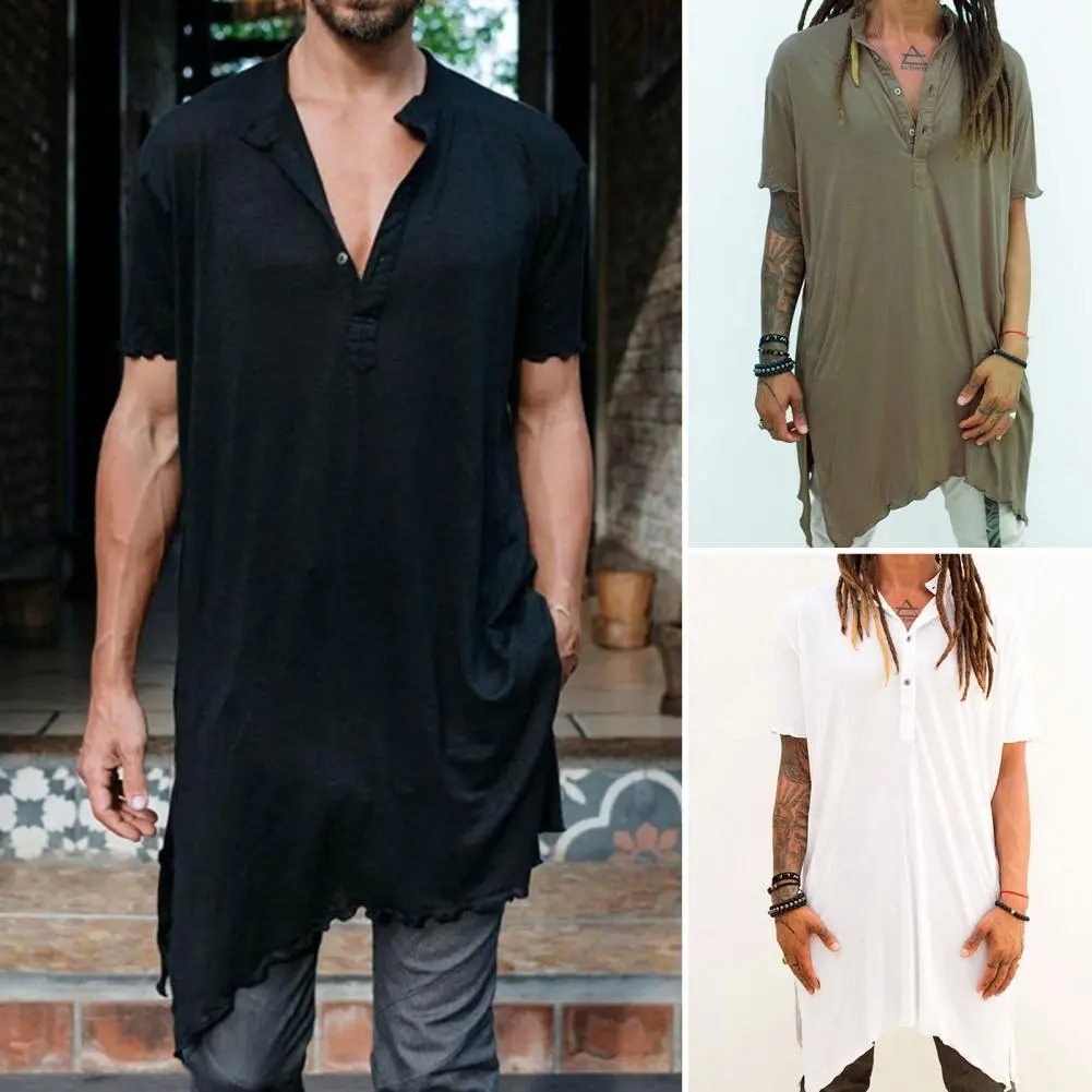 Men Casual V-neck Top Stylish Men's V Neck Irregular Edge T-shirt for Club Daily Wear Short Sleeves Pure Color Loose Fit